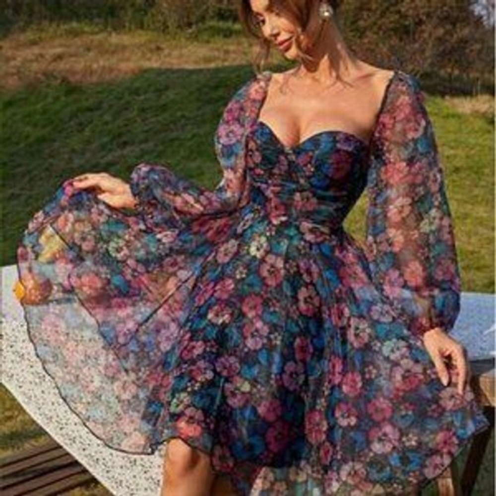 Whimsy Mesh Layers Hibiscus Large Puff Sleeve Peplum Dress by Miss Ord. NWT